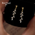 Gold Tone Clear Marquise Stone Wheat Leaf Long Drop Stud Earrings view 3
