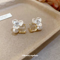 Clear Crystal Flower Pearl Stud Earrings With Pale Gold-Tone Settings view 4