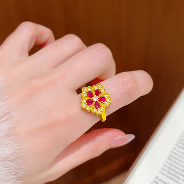 Gold Flower Open Ring Magenta Teardrop Clear Border Stones