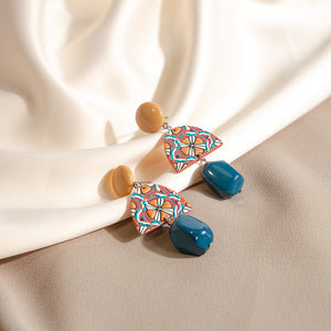 Patterned Acrylic Fan Earrings, Stud or Clip, with Teal Drops