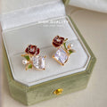 Gold Tone Red Rose Green Leaf Pearl And Clear Stone Stud Earrings view 4