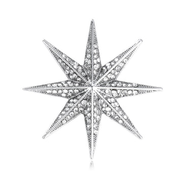 Silver Tone Eight Point Starburst Crystal Brooch Pin