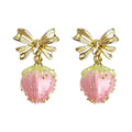 Gold Tone Bow And Pink Strawberry Resin Drop Stud Earrings view 5