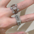 Silver Multi Band Crystal Flower Mesh Openwork Rings view 3