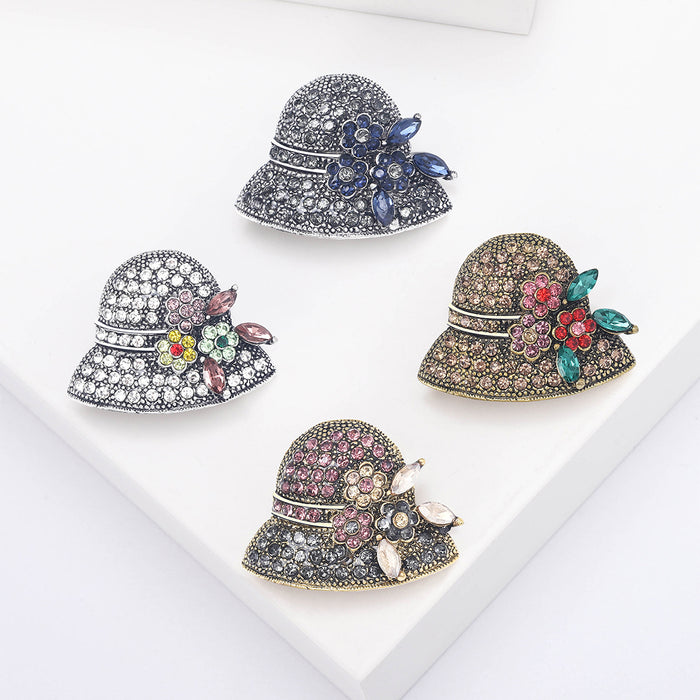Crystal Cloche Hat Brooch with Floral Trim in Four Colors