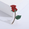Rhinestone Rose Brooch Green Leaf Gold Stem Purple Red Pin view 7