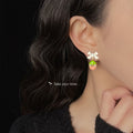 White Bow Strawberry Enamel Drop Earrings Gold Seed Accents view 2