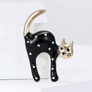 Gold Enamel Spotted Cat Brooch Black White Two Colors