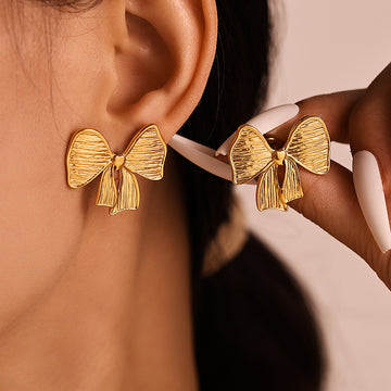 Textured Bow Stud Earrings And Bow Pendant Necklace Gold Steel