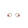 Gold Open Heart Stud Earrings Red Crystal Flower Accents view 5