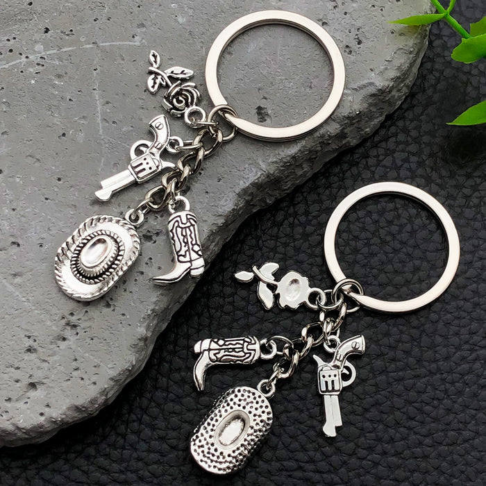 Antique Silver Cowboy Hat Boot and Pistol Keychain Set
