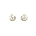 Gold Tone White Shell Swirl Pearl Center Stud Earrings view 5