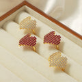 Gold Pixel Heart Pave Open Rings Clear Or Magenta Stones view 3