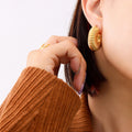 Gold Ribbed Threaded Disc Hinge Hoop Earrings Pair view 2