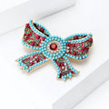 Turquoise Bead Red Floral Ribbon Bow Brooch With Crystal Center view 2