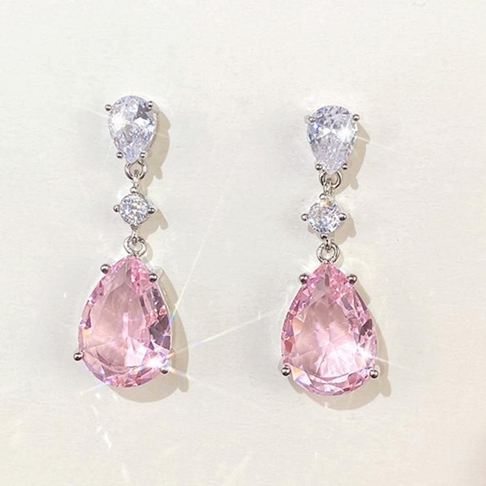 Pink Pear-Shaped Three-Stone Long Drop Earrings In Silver Tone