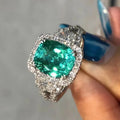 White Gold Emerald Green Cushion Halo Ring Clear Accents view 3