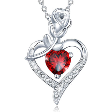 Silver Tone Rose Heart Red Stone Pendant Necklace Pave Frame
