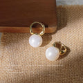 Gold Huggie Hoop Earrings Round White Pearl Drop Pair view 3