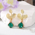 Gold Tone Emerald Green Crystal Teardrop and Leaf Drop Earrings view 4