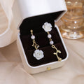 Mismatched White Rose Pearl Look Gold Dangle Stud Earrings view 2