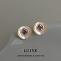Gold Tone White Round Disc Purple Square Stone Stud Earrings view 3