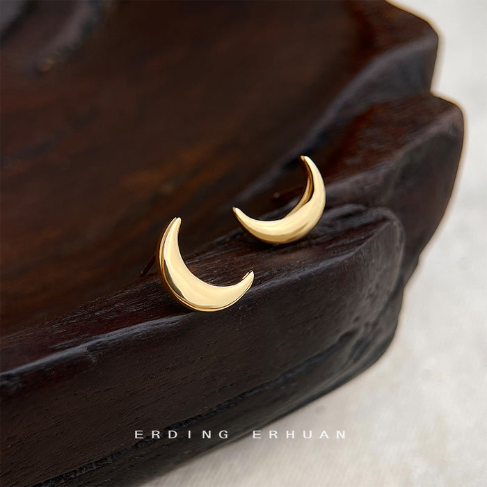 Polished Gold Crescent Moon Stud Earrings Smooth Metal