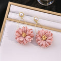 Pink Fabric Flower Gold Oval Pearl Look Stud Earrings view 3