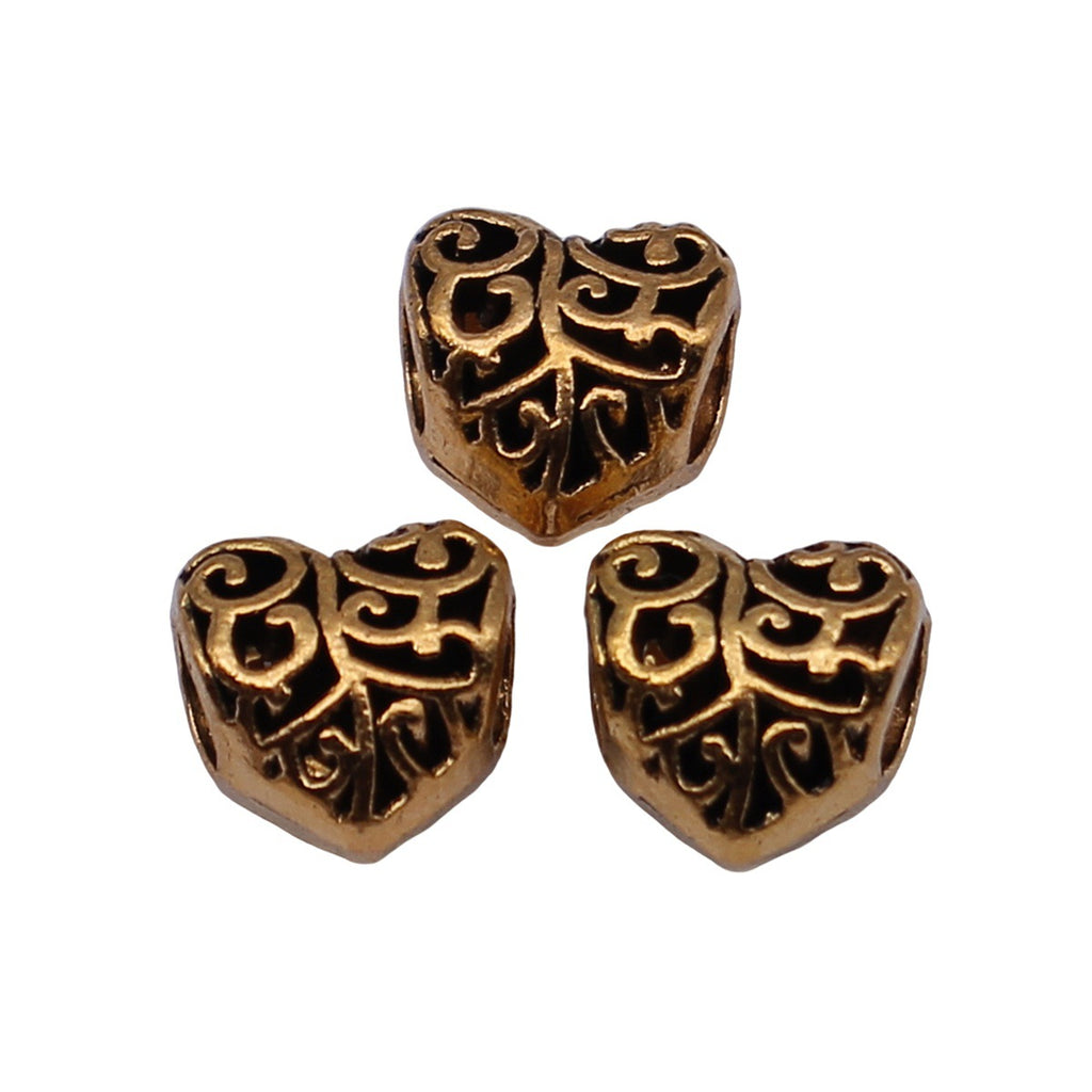 10x10x8.1mm 1.9g Antique Gold Zinc Alloy Openwork Carved Heart Large Hole Hollow Beads for DIY Bracelets