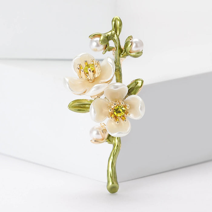 White Double Blossom Branch Brooch With Pearl Buds