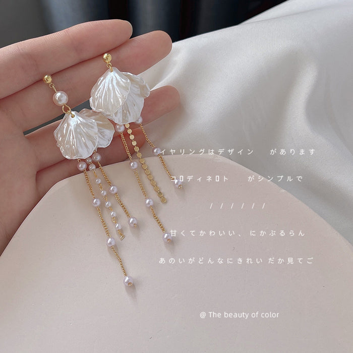 Gold Tone Translucent White Flower Multi Chain Pearl Tassel Earrings