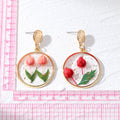 Gold Tone Round Raised Tulip Pressed Flower Resin Drop Earrings view 5