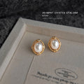 Gold Oval Pearl Frame Micro Crystal Stud Earrings Pair view 4
