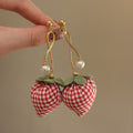 Gingham Strawberry Drop Earrings With Pearl Dangles view 4
