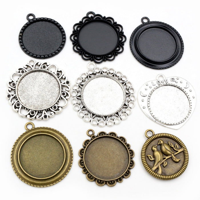 Assorted Round Ornate Cabochon Pendant Trays in Mixed Finishes