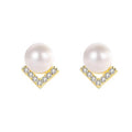 Faux Pearl V-Shape CZ Stud Earrings Gold Silver Tone Metal view 5