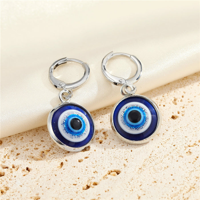 Silver Tone Round Glass Blue Evil Eye Huggie Drop Earrings