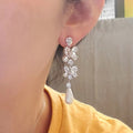 Marquise Leaf And Pearl-Like Long Drop Earrings In Silver Tone view 3