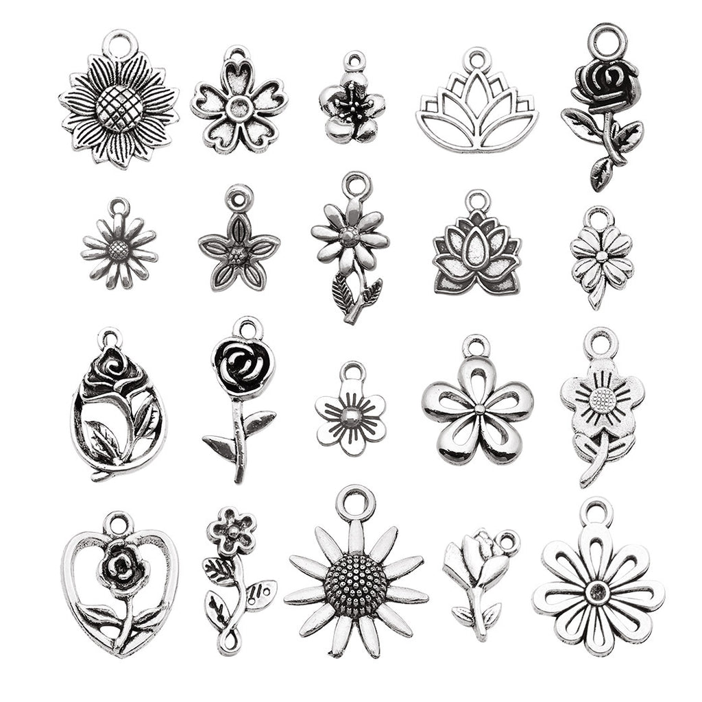 Antique Silver Zinc Alloy Rose Sunflower Flower Charm Pendants for DIY Floral Jewelry