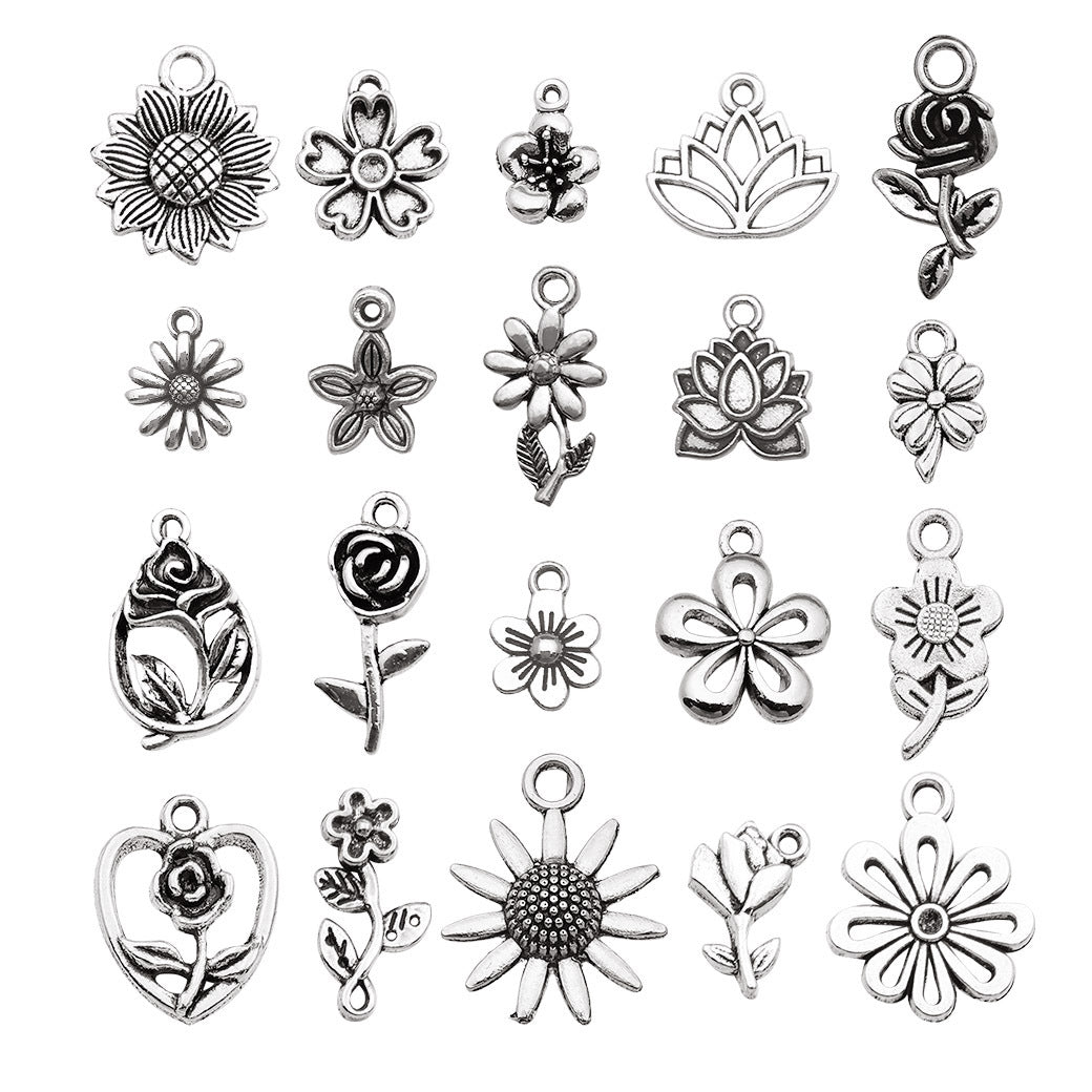Antique Silver Zinc Alloy Rose Sunflower Flower Charm Pendants for DIY Floral Jewelry
