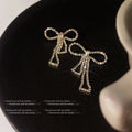 Gold Rhinestone Pave Long Bow Drop Earrings Pair Set view 1