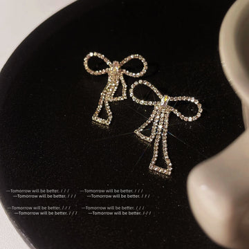 Gold Rhinestone Pave Long Bow Drop Earrings Pair Set