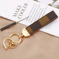 Classic Patterned Leather Wrist Strap Keychain in Brown and Tan view 2
