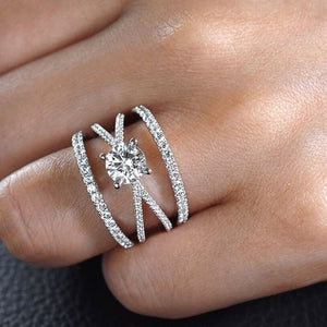 Layered Crossover Band Ring with Cubic Zirconia in Silver Tone Brass