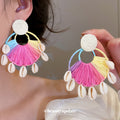 Rainbow Raffia Fan Cowrie Shell Necklace Earrings Beach Set view 3