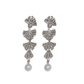 Silver Tone Crystal Bow Pearl Look Drop Earrings Jewelry view 5
