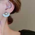 Blue Fan Textured Gold Tone Stud Earrings Statement Jewelry view 3