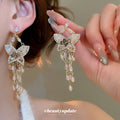 Pink Crystal Butterfly Long Tassel Stud Earrings Jewelry Pair view 2