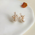Gold White Enamel Bow Pearl Drop Stud Earrings Clear Stone view 4