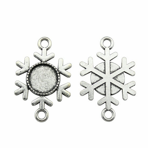 Snowflake Round Cabochon Connector Trays in Two Finishes shown in image 1 with six snowflake arms and two loops